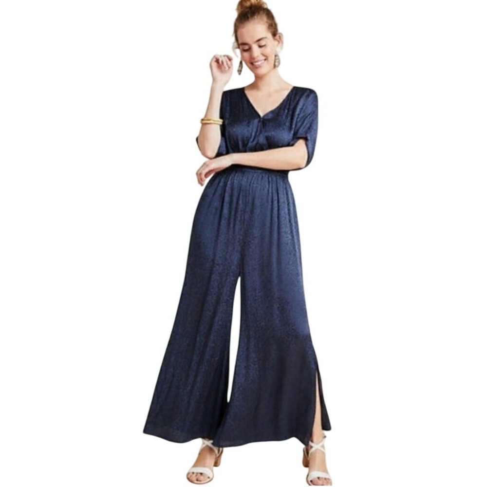 NWT Maeve Anthropologie Yanna Leopard Jacquard Navy Wide Leg Jumpsuit Sz M